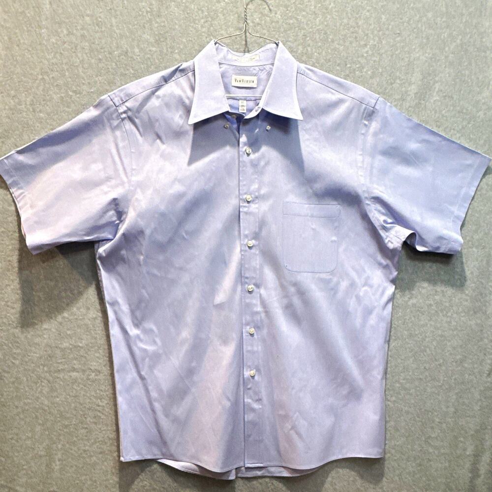 Van Heusen Mens Blue Solid Pinpoint Oxford Dress Shirt Easy Care 17 1/2 SS